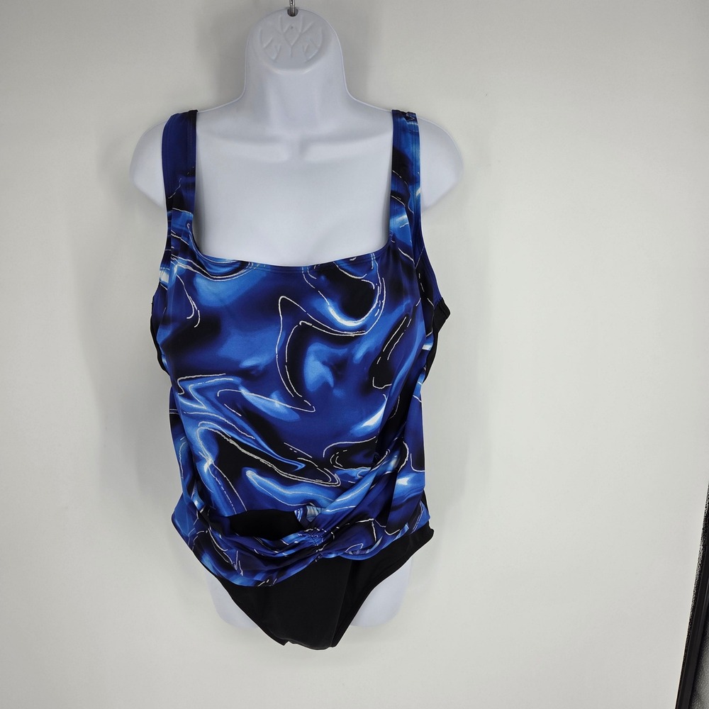 Great Lengths Women Size 20 One Piece Swimsuit Blue Black Marble Twist Front